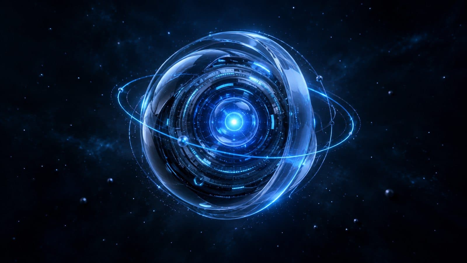 A luminous electric-blue orbital AI core, formed from interconnected precision-engineered rings