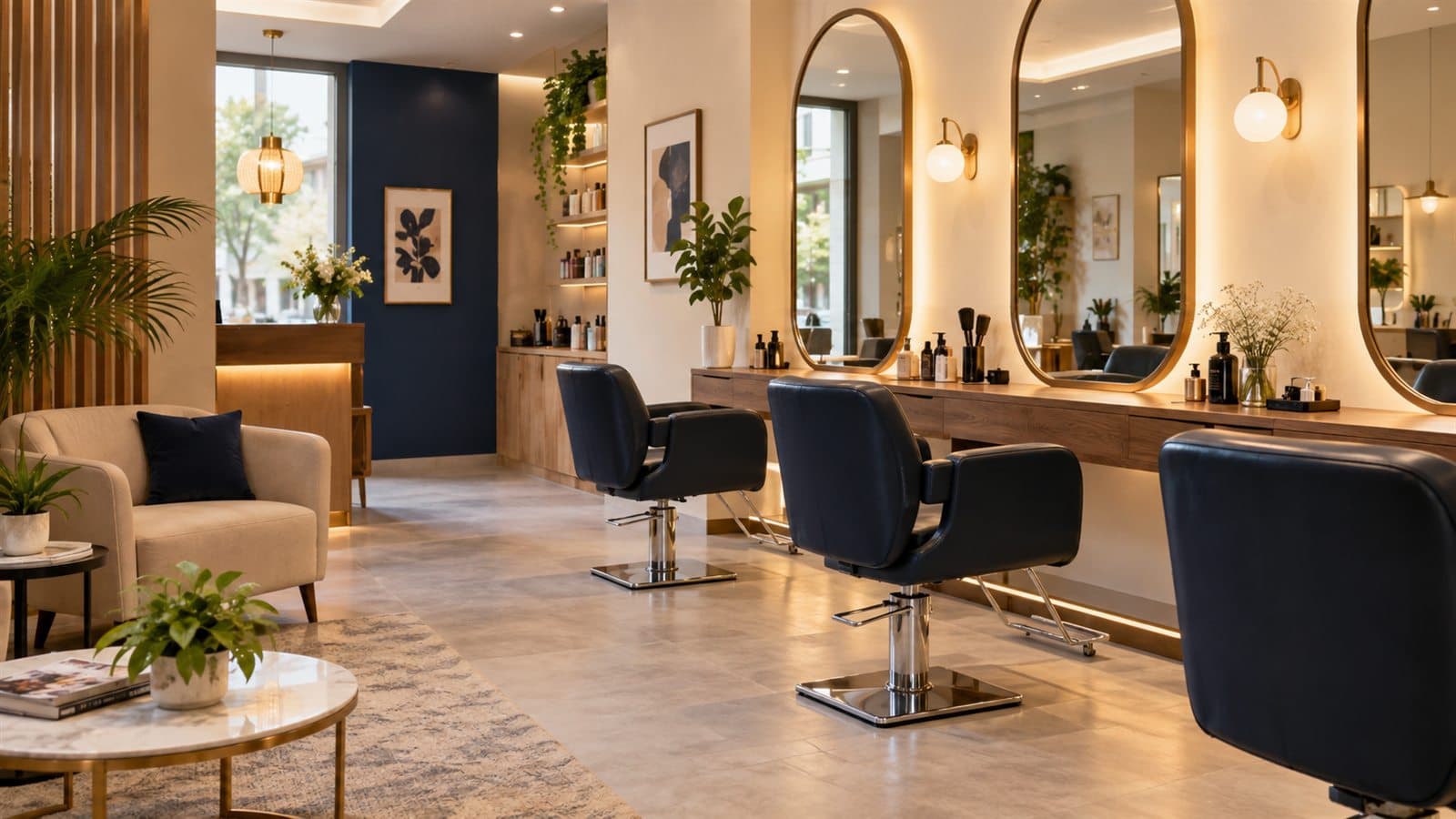 Illustrative contemporary salon with styling stations and warm natural light